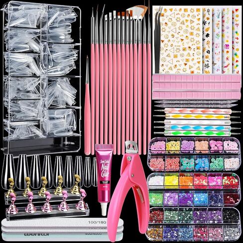 Acrylic Fake Nails Kit, Teenitor Press On Nail Supplies with Clear Coffin Nail Tips Nail Stand Nail Art Brushes Dotting Pen Glitter Sequins Stickers Rhinestones Nail Art Decorations Press On Nail Starter Kit in Saudi Arabia