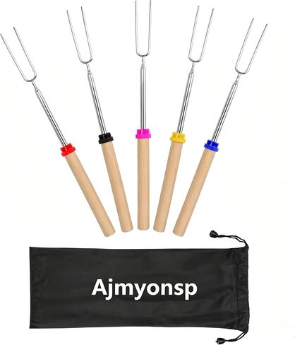 ajmyonsp الخطمي تحميص العصي سمورز عصا لحفرة النار - هوت دوج أسياخ نار المعسكر ماشميلو التخييم 32 بوصة طويلة شوك قابلة للتمديد 5 حزمة in Kuwait