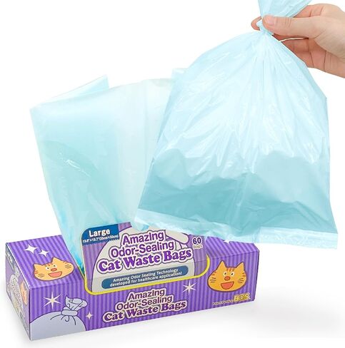 BOS Amazing Odor Sealing Cat Waste Disposal Bags - Durable, Unscented [Size: L, Color: light blue] (60 Count, Pack of 3) (60 Bags) ★NOT a litter box liner in Saudi Arabia