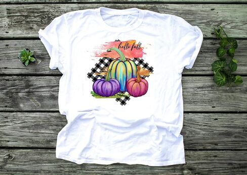 Hello Fall Pumpkins Sublimation Transfer, Plaid, Ready to Press, Autumn, Fall, Pumpkin Sub Transfer, Printed, Ready to Use, T-Shirt Size in Saudi Arabia