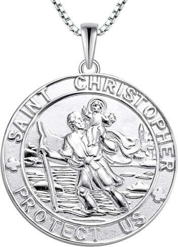 قلادة YL St Christopher صلبة 925 من الفضة الاسترليني، ميدالية مستديرة منقوشة بشكل شخصي، قلادة تعويذة دينية عتيقة، ميدالية/مربوط/مدلاة in Kuwait