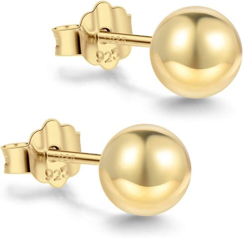 18K Gold Plated Sterling Silver Ball Stud Earrings 3mm-10mm Options, Simple Polished Ball Studs Hypoallergenic Jewelry in Kuwait