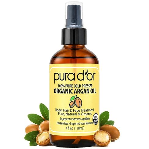 PURA D'OR Organic Moroccan Argan Oil (4oz / 118mL) USDA Certified 100% Pure Cold Pressed Virgin Premium Grade Moisturizer Treatment for Dry, Damaged Skin, Hair, Face, Body, Scalp (Packaging may vary) in Kuwait