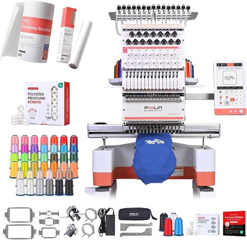 Poolin EOM 15-Needle Embroidery Machine | Starter Plus Bundle – Includes 40 Thread Kit, 144pcs Bobbins, Cut Away & Tear Away Stabilizers, Tool Set in Saudi Arabia