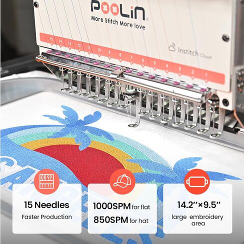 Poolin EOM 15-Needle Embroidery Machine | Starter Plus Bundle – Includes 40 Thread Kit, 144pcs Bobbins, Cut Away & Tear Away Stabilizers, Tool Set in Saudi Arabia