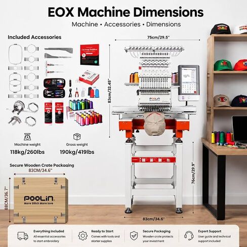 Poolin 15 Needle Commercial Embroidery Machine, 20" x 14" Large Embroidery Area,10" Touchscreen, InStitch OS5 System,270° Cap Embroidery, WiFi & USB, 11 Hoops for Hats, Shirts, Patches and Shoes in Saudi Arabia