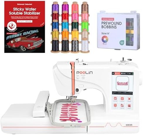 POOLIN EOC05 Beginner Plus Bundle with 20 Thread Spools, 25 Bobbins & Water-Soluble Stabilizer Sheets, Home Embroidery Starter Kit in Saudi Arabia