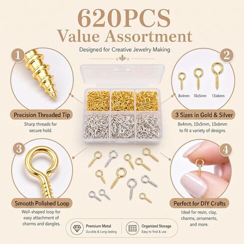 620PCS Small Eye Pins for Jewelry Making, Gold Silver Mini Eyelet Screws Kit for Art Projects, Mini Eye Hooks for Bead Charms DIY Crafts(Gold & Silver, 3 Sizes) in Kuwait