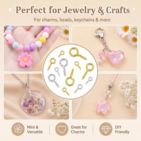 620PCS Small Eye Pins for Jewelry Making, Gold Silver Mini Eyelet Screws Kit for Art Projects, Mini Eye Hooks for Bead Charms DIY Crafts(Gold & Silver, 3 Sizes) in Kuwait