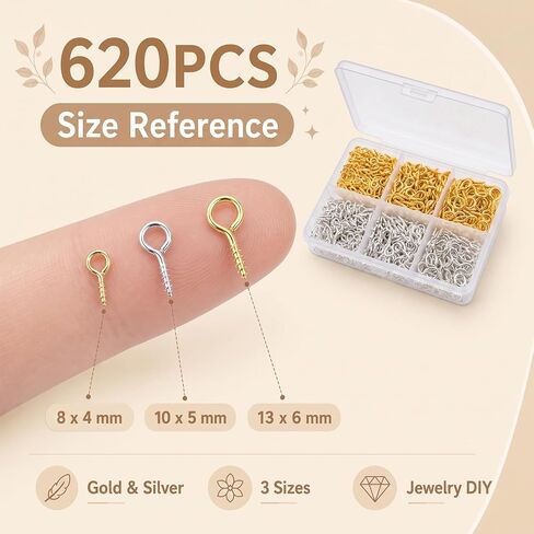 620PCS Small Eye Pins for Jewelry Making, Gold Silver Mini Eyelet Screws Kit for Art Projects, Mini Eye Hooks for Bead Charms DIY Crafts(Gold & Silver, 3 Sizes) in Kuwait