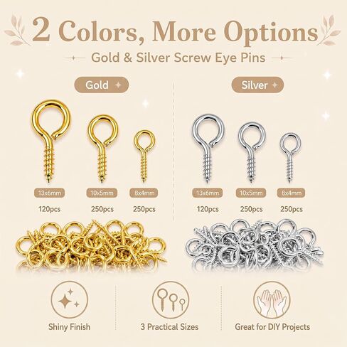 620PCS Small Eye Pins for Jewelry Making, Gold Silver Mini Eyelet Screws Kit for Art Projects, Mini Eye Hooks for Bead Charms DIY Crafts(Gold & Silver, 3 Sizes) in Kuwait