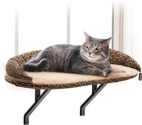 K&H Cat Window Perch, Deluxe Bolster Kitty Sill, 24x14in, Tan/Kitty Print | Cat Window Hammock Bed, Orthopedic Window Bed Holds 40 lbs, Washable Cover, Indoor Windowsill Furniture in Kuwait