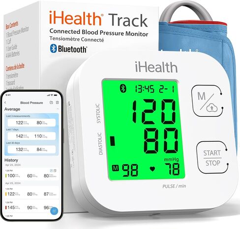 جهاز مراقبة ضغط الدم الذكي من أعلى الذراع من iHealth Track مع سوار واسع النطاق يناسب الأذرع القياسية للبالغين، متوافق مع أجهزة iOS وAndroid in Kuwait