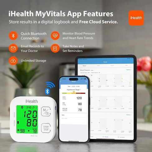 جهاز مراقبة ضغط الدم الذكي من أعلى الذراع من iHealth Track مع سوار واسع النطاق يناسب الأذرع القياسية للبالغين، متوافق مع أجهزة iOS وAndroid in Kuwait