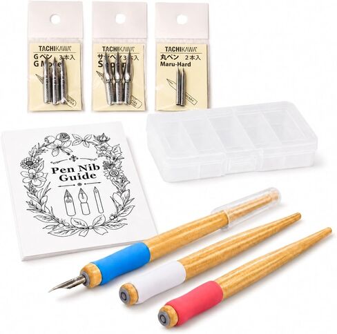 Tachikawa Dip Pen Manga Pen Bundle, 3 Free Pen Holders Blue Pink White, G Nib 3 pcs, Saji Pen Nib 3 pcs, Round Nib 2 pcs, Storage Case and Guide, Made in Japan in Kuwait
