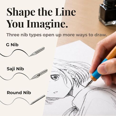Tachikawa Dip Pen Manga Pen Bundle, 3 Free Pen Holders Blue Pink White, G Nib 3 pcs, Saji Pen Nib 3 pcs, Round Nib 2 pcs, Storage Case and Guide, Made in Japan in Kuwait