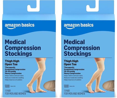 جوارب ضغط طبية من Amazon Basic Care، دعم 20-30 مم زئبقي، خرطوم بطول الفخذ للنساء والرجال، مفتوح عند الأصابع، بيج، متوسط ​​(NuVein سابقًا) in Kuwait