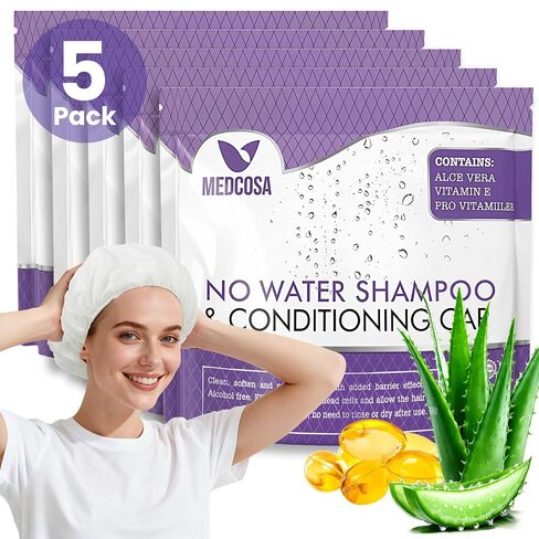 No Water Shampoo Caps | Hassle-Free Hair Washing Caps for Elderly | Shampoo Caps for Bedridden | Aloe, Vitamin E, Chamomile | 5-Pack from Medcosa in Saudi Arabia