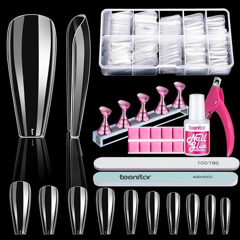 Clear Coffin Nail Tips, Teenitor Long Coffin Nails Tips Full Cover, 600pcs Clear Nail Tips For Acrylic Nails Clear Press On Nails, Acrylic Nail Clipper, Nail Stand for DIY Fake Nails in Saudi Arabia