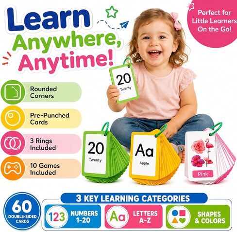 60 Toddler Flash Cards with Rings, Flash Cards for Toddlers 1-3, Includes ABC Flash Cards, Color Flash Cards, Shapes & Number Flash Cards in Kuwait