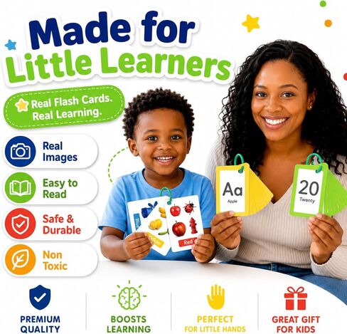 60 Toddler Flash Cards with Rings, Flash Cards for Toddlers 1-3, Includes ABC Flash Cards, Color Flash Cards, Shapes & Number Flash Cards in Kuwait