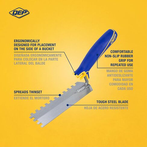 QEP 1/4 in. x 1/4 in. x 1/4 in. Comfort Grip Square-Notch Margin Flooring Trowel with Bucket Hook, Silver (42114) in Saudi Arabia
