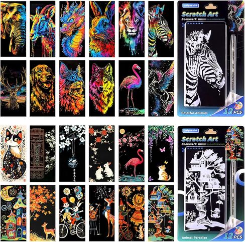 Scratch Art Rainbow Painting Bookmarks Set-Creative Arts and Crafts for Adults,Scratch Painting DIY Paper Craft Kit,Foil Engraving Creative Gift 6.2''x2.8''(24Pcs)(Animal Series1) in Kuwait