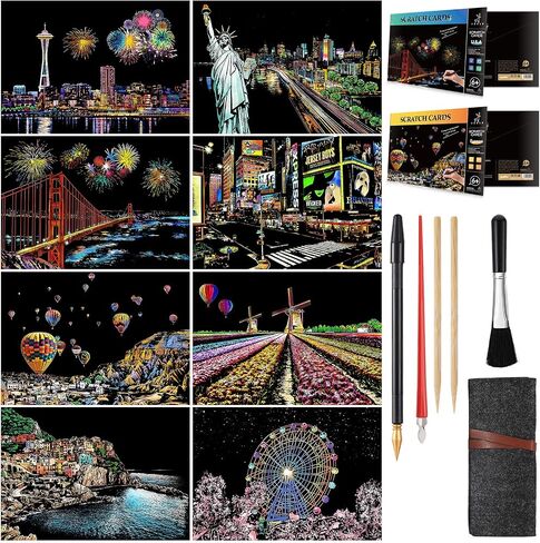 Scratch Art Painting Kit for Adults and Teens, 8 Sheets City Scenery Night View Scratchboards with 5 Engraving Tools, Rainbow Art Paper Set for DIY Crafts, Stress Relief Activity in Saudi Arabia
