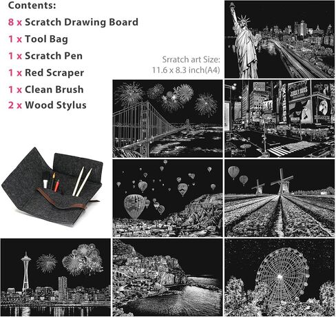 Scratch Art Painting Kit for Adults and Teens, 8 Sheets City Scenery Night View Scratchboards with 5 Engraving Tools, Rainbow Art Paper Set for DIY Crafts, Stress Relief Activity in Saudi Arabia