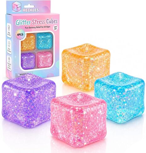 4-Pack Glitter Stress Cube Squishy Toys, Soft Squeeze Stress & Fidget Toys in Saudi Arabia