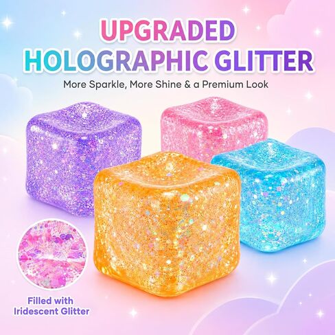 4-Pack Glitter Stress Cube Squishy Toys, Soft Squeeze Stress & Fidget Toys in Saudi Arabia