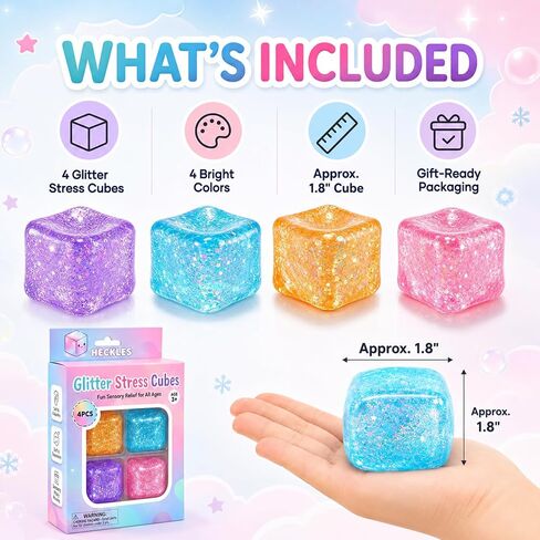 4-Pack Glitter Stress Cube Squishy Toys, Soft Squeeze Stress & Fidget Toys in Saudi Arabia