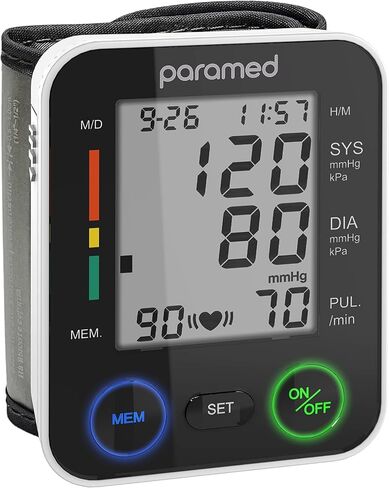 جهاز مراقبة ضغط الدم التلقائي من المعصم من PARAMED: طقم ضغط الدم من الكفة Bp + 2AAA وحقيبة حمل - كاشف ضربات القلب غير المنتظمة ووظيفة الذاكرة 90 قراءة وشاشة عرض كبيرة in Kuwait
