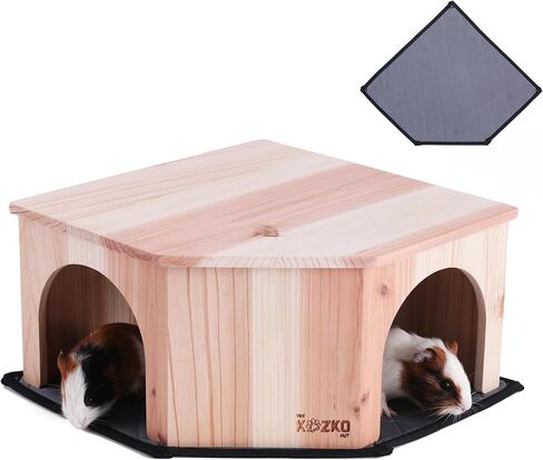 Wooden Guinea Pig Corner Hideout - Hidey for Chinchilla, Rat and Hedgehog with Pee Pad, Fully Assembled & Dual Entrances - Guinea Pig Accessories by The Kozko Hut in Kuwait
