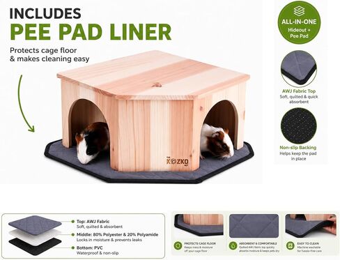 Wooden Guinea Pig Corner Hideout - Hidey for Chinchilla, Rat and Hedgehog with Pee Pad, Fully Assembled & Dual Entrances - Guinea Pig Accessories by The Kozko Hut in Kuwait