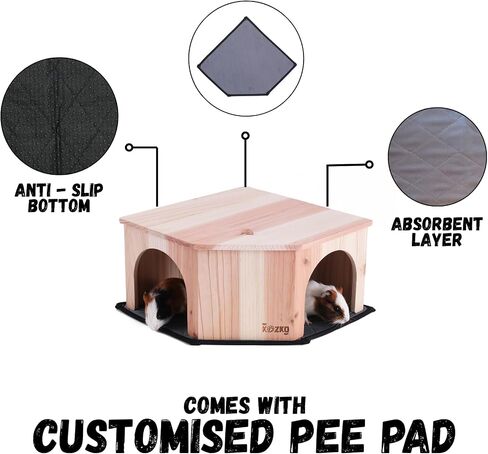 Wooden Guinea Pig Corner Hideout - Hidey for Chinchilla, Rat and Hedgehog with Pee Pad, Fully Assembled & Dual Entrances - Guinea Pig Accessories by The Kozko Hut in Kuwait