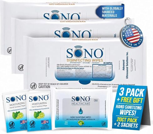 SONO Disinfecting Wipes - Travel Size Disinfectant Wipes - Medical-Grade, Alcohol-Free, No Bleach Multi-Surface Antibacterial Cleaning Wipes for School, Home, and Office 3-Pack x 20 Count in Kuwait