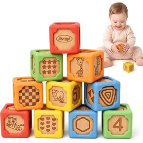 Joyreal Silicone Wooden Baby Blocks, 10PCS Montessori Stacking Blocks for Babies 6-18 Months, 1.7" Beech Wood Sensory Learning Toy with Animals, Numbers, Textures, Soft Chewable, Laser Engraved in Saudi Arabia