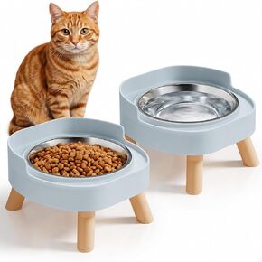 Elevated Cat Bowls, 2P Raised Cat Food and Water Bowl Set for Indoor Cats, Splash Proof with 2 Stainless Steel Pet Food Bowls for Cats ＆ Puppies, Whisker Friendly and Dishwasher Safe - White in Kuwait