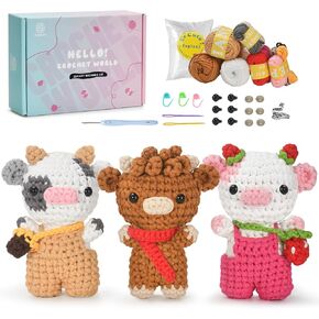 Zepiany Crochet Kit for Beginners 3 PCS Amigurumi Animal Cows Starter Kit Step-by-Step Video Tutorials DIY Craft Gifts for Adults Knitting Lovers Mother Teacher Graduates with 40% Extra Yarn in Saudi Arabia