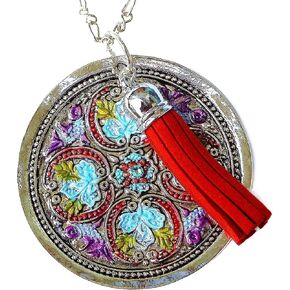 Long Silver Pendant Necklace with Painted Accents and Tassel Boho Jewelry in Kuwait