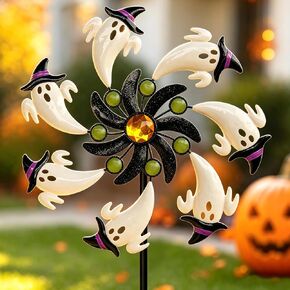 COOZZYHOUR Halloween White Ghost Wind Spinner,39" Metal Yard Garden Stake Wind Sculpture,Cute Ghost with Witch Hat Kinetic Spinners,Outdoor Patio Lawn Halloween Party Decoration in Kuwait