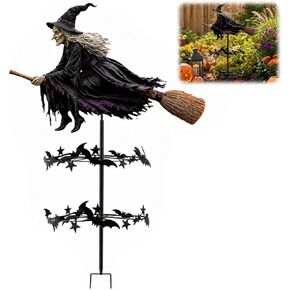 Enchanted Witch Garden Wind Spinner,Metal Halloween Yard Art,Flying Witch & Bat Design, Windmill Style,Ground Stake Included,Outdoor Lawn Decor,Gothic Garden Art for Gardens Patio FallDecorations in Saudi Arabia
