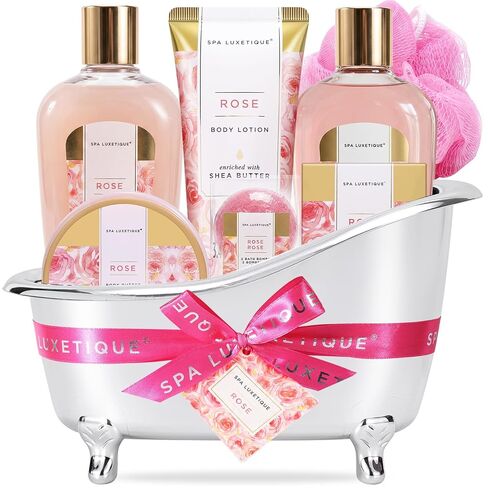 Spa Baskets for Women, Spa Luxetique Gifts Basket for Women, Mother's Day Gift for Mom, 8 Pcs Rose Bath Set Includes Bubble Bath, Bath Bombs, Bath Salts, Body Lotion, Birthday Gift for Her in Kuwait