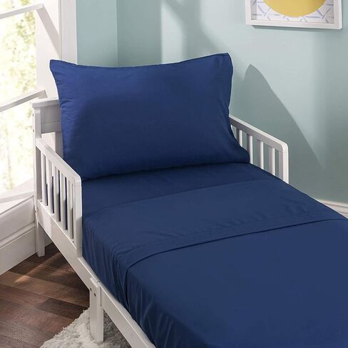 EVERYDAY KIDS 3 Piece Toddler Sheet Set - Soft Breathable Microfiber Toddler Bedding - Includes a Flat Sheet, a Fitted Sheet and a Pillowcase - Solid Navy in Kuwait