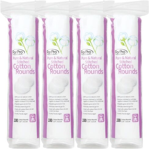 ForPro Pure & Natural Stitched Cotton Rounds for Face (400-Count), 100% Pure Cotton Makeup Remover Pads, Hypoallergenic, Lint-Free, Vegan & Cruelty-Free, Pack of 4-100 Cotton Pads in Kuwait