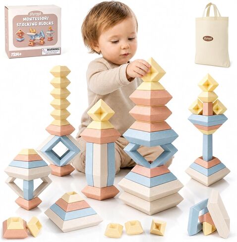 Joyreal Montessori Stacking Blocks for Toddlers 1-3，30PCS Nesting & Building Toys with Storage Bag,Educational Fine Motor Learning Toy, Preschool STEM Stacking Blocks for Boys Girls 12M+ in Saudi Arabia