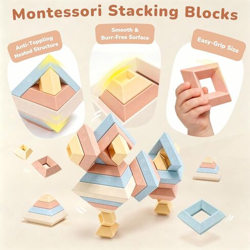Joyreal Montessori Stacking Blocks for Toddlers 1-3，30PCS Nesting & Building Toys with Storage Bag,Educational Fine Motor Learning Toy, Preschool STEM Stacking Blocks for Boys Girls 12M+ in Saudi Arabia