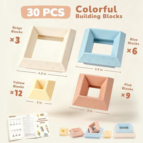 Joyreal Montessori Stacking Blocks for Toddlers 1-3，30PCS Nesting & Building Toys with Storage Bag,Educational Fine Motor Learning Toy, Preschool STEM Stacking Blocks for Boys Girls 12M+ in Saudi Arabia