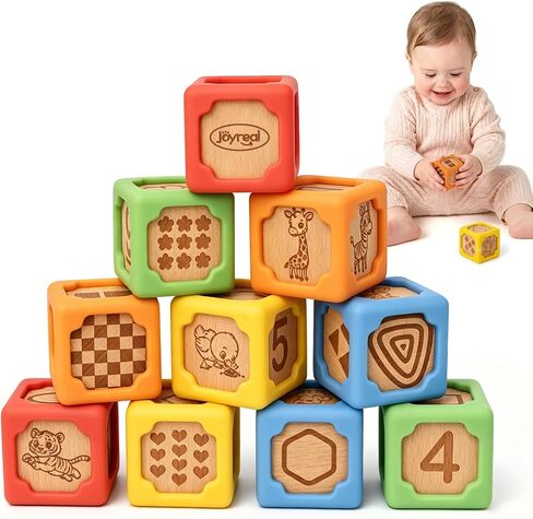 Joyreal Silicone Wooden Baby Blocks, 10PCS Montessori Stacking Blocks for Babies 6-18 Months, 1.7" Beech Wood Sensory Learning Toy with Animals, Numbers, Textures, Soft Chewable, Laser Engraved in Saudi Arabia